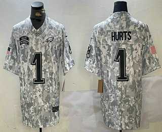 Mens Philadelphia Eagles #1 Jalen Hurts 2024 FUSE Arctic Camo Salute to Service Limited Stitched Jersey Dzhi